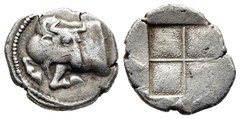 MACEDON. Akanthos. Tetrobol (circa 430-390 BC).

Obv: Forepart of bull left, hea...