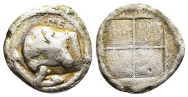 MACEDON. Akanthos. Tetrobol (circa 430-390 BC).

Obv: ΠΕ Forepart of bull left, head right.
Rev: Quadripartite incuse square.

SNG ANS 39-41; HGC 3.1,...