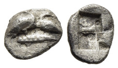 MACEDON. Eion. Tritetartemorion (circa 480-470 BC).

Obv: Goose standing right and goose seated left, heads reverted; both on base.
Rev: Quadripartite...