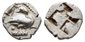 MACEDON. Eion. Trihemiobol (circa 480-460 BC)

Obv: Goose standing right, head turned back to left; below, pellet; above, lizard left.
Rev: Quadripart...