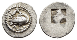 MACEDON. Eion. Trihemiobol (Circa 460-400 BC).

Obv: Goose standing right, head left; below, A and above, lizard left.
Rev: Quadripartite incuse squar...