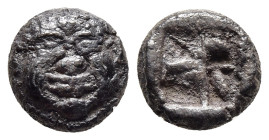 MACEDON. Neapolis Obol, Thasian standard (circa 525-450 BC). 

Obv: Head of gorgoneion facing.
Rev: Rough incuse square. 

SNG ANS 423-424; HGC 3.1, 5...