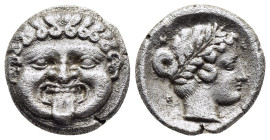 MACEDON. Neapolis. Drachm (circa 375-350 BC).

Obv: Gorgoneion. 
Rev. N – E / O – Π Laureate head of Parthenos right, wearing earring and necklace. 

...