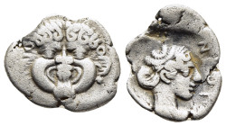 MACEDON. Neapolis. Hemidrachm (circa 375-350 BC).

Obv: Facing gorgoneion.
Rev: ΝΕΟΠ.
Head of nymph right within incuse square.

SNG ANS 455-9; HGC 3....