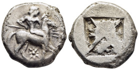 MACEDON. Potidaia. Tetradrachm (Circa 500-480 BC). 

Obv: Poseidon Hippios, nude, riding horse walking to right, holding trident with his right hand a...