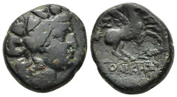 MACEDON. Thessalonica. Ae (circa 187-168/7 BC). 

Obv: Wreathed head of Dionysos to right. 
Rev: ΘΕΣ-ΣΑ/ΛΟΝΙΚHΣ 
Pegasos leaping right; below to right...