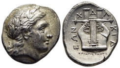 MACEDON. Chalkidian League. Olynthos. Tetradrachm (circa 355-352 BC). Struck under the magistrate Aristonos. 

Obv: Laureate head of Apollo with short...