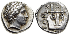 MACEDON. Chalkidian League. Olynthos. Tetradrachm (circa 355-352 BC). Struck under the magistrate Aristonos. 

Obv: Laureate head of Apollo with short...