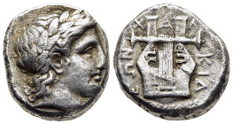 MACEDON. Chalkidian League. Olynthos. Tetradrachm (circa 355-352 BC). Struck under the magistrate Aristonos. 

Obv: Laureate head of Apollo to right, ...