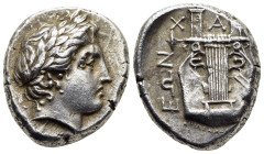 MACEDON. Chalkidian League. Olynthos. Tetradrachm (circa 356 BC). Struck under the magistrate Leadeos.

Obv: Laureate head of Apollo to right.
Rev: Χ-...