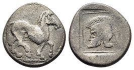 KINGS of MACEDON. Alexander I (498-454 BC). Tetrobol. Aigai mint, struck circa 480/79-477/6 BC. 

Obv: Horse stepping right.
Rev: Helmeted head left i...