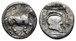 KINGS of MACEDON. Alexander I (498-454 BC). Tetrobol. Aigai, struck circa 460-451 BC.

Obv: Horse prancing right.
Rev: Crested helmet with nose guard ...