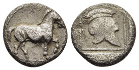 KINGS of MACEDON. Alexander I (498-454 BC). Tetrobol. Aigai, struck circa 460-451 BC.

Obv: Horse prancing right.
Rev: Crested helmet with nose guard ...