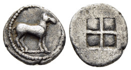 KINGS of MACEDON. Alexander I (498-454 BC). Trihemiobol. Aigai. 

Obv: Horse standing to right. 
Rev: Quadripartite incuse square. 

SNG Alpha Bank 70...