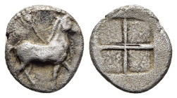 KINGS of MACEDON. Alexander I (498-454 BC). Trihemiobol. Aigai. 

Obv: Horse in a stable, tied to the wall with a leash attached to ring above. 
Rev: ...
