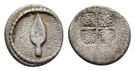 KINGS of MACEDON. Alexander I (498-454 BC). Hemiobol. Aigai. 

Obv: Spear head. 
Rev: Quadripartite incuse square. 

Klein 119. SNG ANS 1003. SNG Cope...