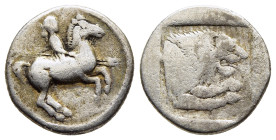 KINGS of MACEDON. Perdikkas II (451-413 BC). Tetrobol. Perhaps Aigai mint (struck circa 432-422 BC).

Obv: Warrior, wearing kausia, holding two spears...