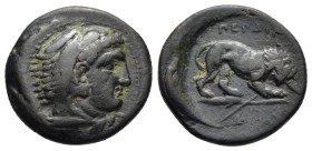 KINGS of MACEDON. Perdikkas III (365-359 BC). Ae.

Obv: Head of Herakles right, wearing lion skin.
Rev: ΠΕΡΔΙΚΚΑ
Lion standing right, broken javelin i...