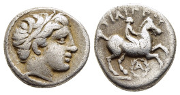 KINGS of MACEDON. Philip II (359-336 BC). 1/5 Tetradrachm. Amphipolis.

Obv: Head of young male right, wearing tainia.
Rev: ΦΙΛΙΠΠΟΥ.
Youth on horse r...
