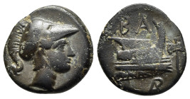 KINGS of MACEDON. Demetrios I Poliorketes (306-283 BC). AE. Uncertain mint in Caria(?).

Obv: Helmeted head of Athena right.
Rev: BA.
Prow right; labr...
