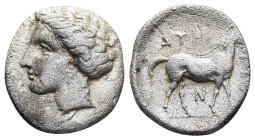 THESSALY. Atrax. Hemidrachm (Early-mid 4th century BC).

Obv: Head of Nymph Bura left.
Rev: ATPAΓION.
Horse standing right.

BCD Thessaly II 52.

Cond...