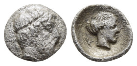 THESSALY. Kierion (circa 400-344 BC). Hemiobol.

Obv: Head of Zeus to right, wearing tainia.
Rev: K-I-E
Head of the nymph Arne to right; all within in...