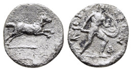 THESSALY. Kierion. Obol (circa 350-325 BC). 

Obv: Horse leaping right.
Rev: KIEPI–EIΩN, warrior, holding sword and wearing shield, advancing right; Φ...