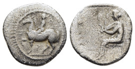 THESSALY. Larissa. Trihemiobol (circa 460-440 BC). 

Obv: Horseman, wearing petasos and chlamys and carrying two spears, riding horse walking to left....