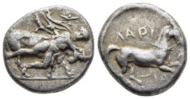 THESSALY. Larissa. Drachm (circa 420-400 BC).

Obv: Thessalos, nude but for chlamys billowing behind him, his petasos having fallen off, holding a ban...