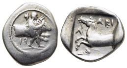 THESSALY. Larissa. Hemidrachm (circa 440-420 BC). 

Obv: Thessalos, petasos and cloak tied at neck, holding band across horns of forepart of bull righ...