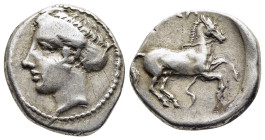 THESSALY. Larissa. Drachm (circa 410-405 BC).

Obv: Head of the nymph Larissa left, with hair in sphendone.
Rev: ΛΑΡIΣΑ 
Horse prancing right, trailin...