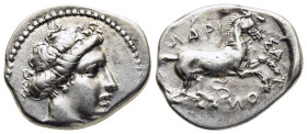 THESSALY. Larissa. Drachm (circa 410-405 BC).

Obv: Head of the nymph Larissa right, with hair in sphendone.
Rev: ΛΑΡΙ - ΣΑ - Ι - OИ
Horse prancing ri...