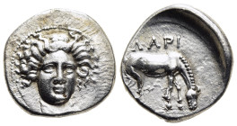 THESSALY. Larissa. Drachm (circa 400-370 BC).

Obv: Head of the nymph Larissa facing slightly right, wearing an ampyx.
Rev: ΛΑΡΙ Horse grazing right o...