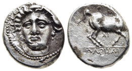 THESSALY. Larissa. Drachm (circa 400-370 BC).

Obv: Head of the nymph Larissa three-quarter facing left, wearing hair band, pendant earring with a bea...