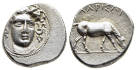 THESSALY. Larissa. Drachm (circa 369-360 BC).

Obv: Head of the nymph Larissa three-quarter facing right, neckline in open V form; to right, part of t...