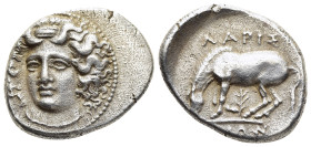 THESSALY. Larissa. Drachm (circa 356-320 BC).

Obv: Head of the nymph Larissa three-quarter facing left, wearing pendant earring and plain necklace; b...