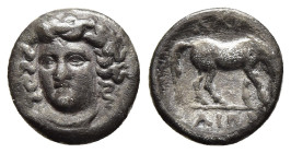 THESSALY. Larissa. Obol (circa 344-337 BC). 

Obv: Head of the nymph Larissa facing, turned slightly to the left, wearing ampyx, pendant earring, and ...