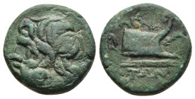 THESSALY. Magnetes. Ae (mid 2nd-mid 1st centuries BC). Demetrias mint. 

Obv: Diademed head of Zeus left
Rev: Prow right; to left, dolphin; palm frond...