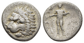 THESSALY. Oitaioi. Hemidrachm (circa 360-340 BC). 

Obv: Lion's head to left with spear in his jaws. 
Rev. OITAΩN Herakles standing facing, holding cl...