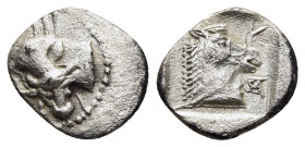 THESSALY. Krannon. Obol (circa 462/1-460 BC).

Obv: Forepart of bull to left, his head toned back to graze. 
Rev. ΚRΑ Head of a bridled horse to right...