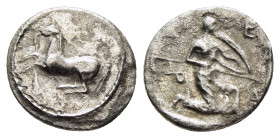 THESSALY. Perrhaiboi. Obol (circa 450-430 BC). Obol.

Obv: Bridled horse with trailing rein prancing left. 
Rev: Π-Ε-Ρ-Α Athena Itonia running right, ...