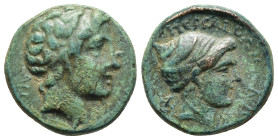 THESSALY Perrhaiboi. Ae (4th century BC). 

Obv: Laureate head of Apollo right; API to left.
Rev: ΠΕΡΡΑΙΒΩΝ, head of nymph right, with hair in sphendo...