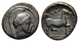 THESSALY. Phalanna. Ae (mid-late 4th century BC).

Obv: Helmeted head of Ares right.
Rev. ΦAΛ - ANNAIΩN Horse prancing right.

BCD Thessaly II 577; HG...