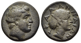 THESSALY. Phalanna. Dichalkon (Circa 3rd century BC).

Obv: Youthful male head right.
Rev: ΦAΛΑΝΝΑΙΩΝ
Head of nymph right, hair in sakkos.

BCD Thessa...