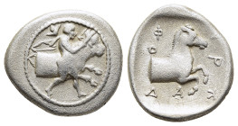 THESSALY. Pharkadon. Hemidrachm (circa 440-400 BC).

Obv: Thessalos, petasos and cloak tied at neck, holding band across horns of forepart of bull rig...