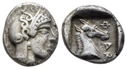 THESSALY. Pharsalos. Hemidrachm (circa 450-440 BC).

Obv: Head of Athena to right, wearing crested Attic helmet with raised cheek guard, three erect s...