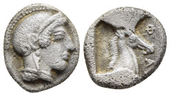 THESSALY. Pharsalos. Hemidrachm (circa 450-440 BC).

Obv: Helmeted head of Athena right; palmette on bowl of helmet.
Rev: ΦAR
Head of horse right with...