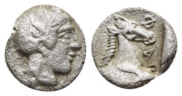 THESSALY. Pharsalos. Obol (circa 450-440 BC).

Obv: Helmeted head of Athena right; erected serpent on bowl of helmet.
Rev: ΦAP.
Head of horse right.

...