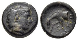 THESSALY. Skotoussa. Ae (early-mid 4th century BC). 

Obv: Head of Herakles right, wearing lion skin.
Rev: Σ-KO, forepart of horse left. 

BCD Thessal...