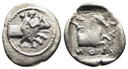 THESSALY. Trikka. Hemidrachm (circa 440-400 BC). 

Obv: Youthful hero, Thessalos, nude but for cloak and petasos hanging over his shoulder, striding r...